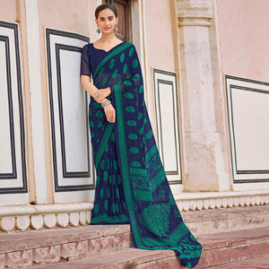 Navy Blue Printed Georgette Saree - Peachmode