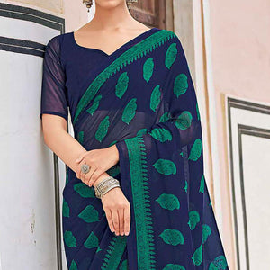 Navy Blue Printed Georgette Saree - Peachmode