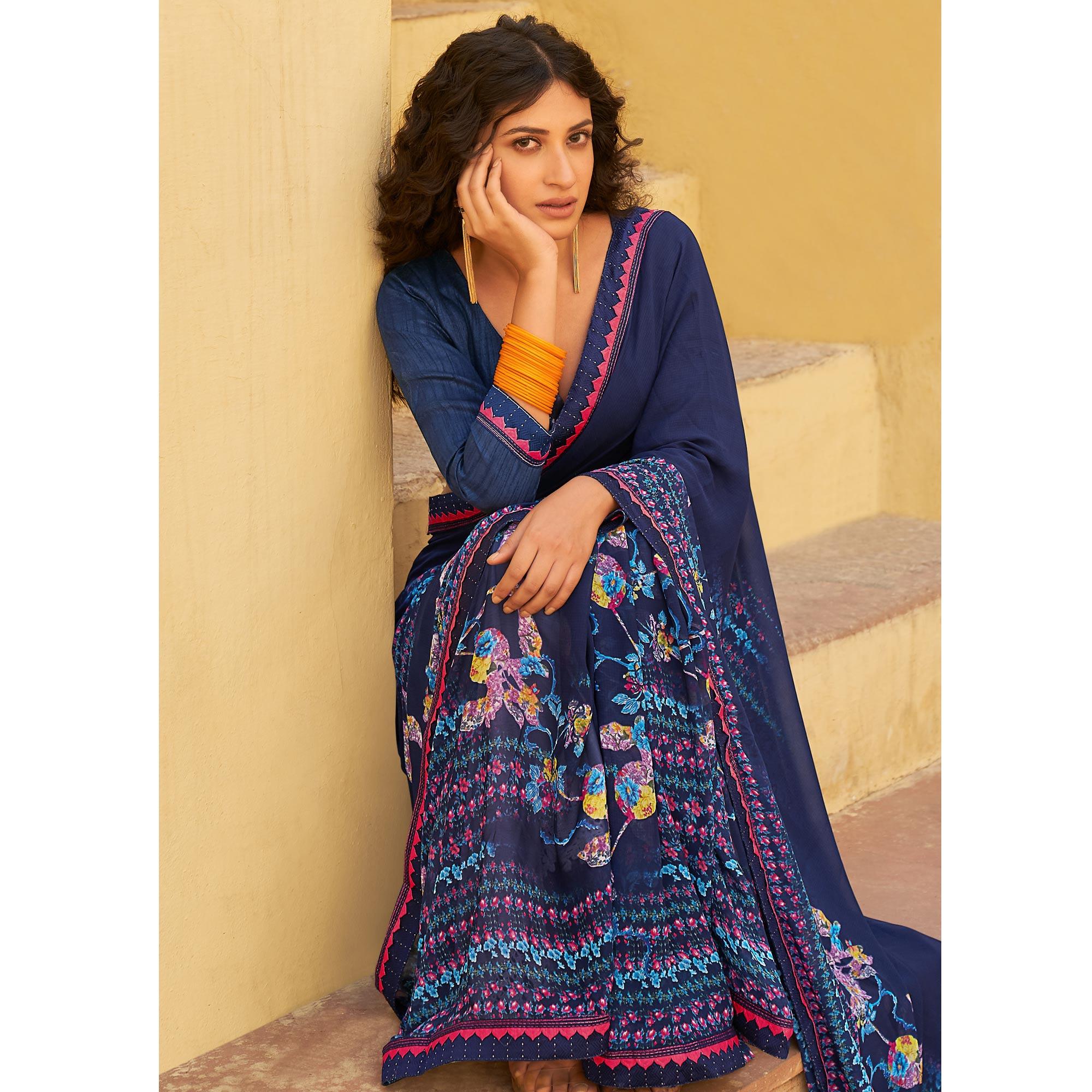 Navy Blue Printed Georgette Saree - Peachmode