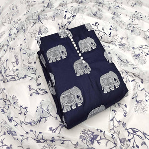 Navy Blue Printed Poly Cotton Dress Material - Peachmode