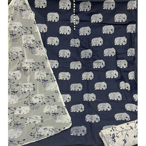 Navy Blue Printed Poly Cotton Dress Material - Peachmode