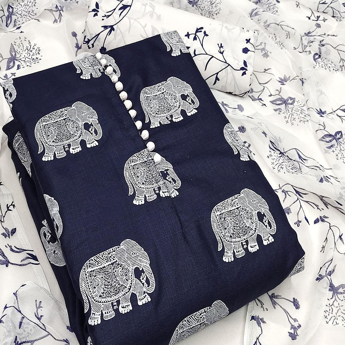 Navy Blue Printed Poly Cotton Dress Material - Peachmode