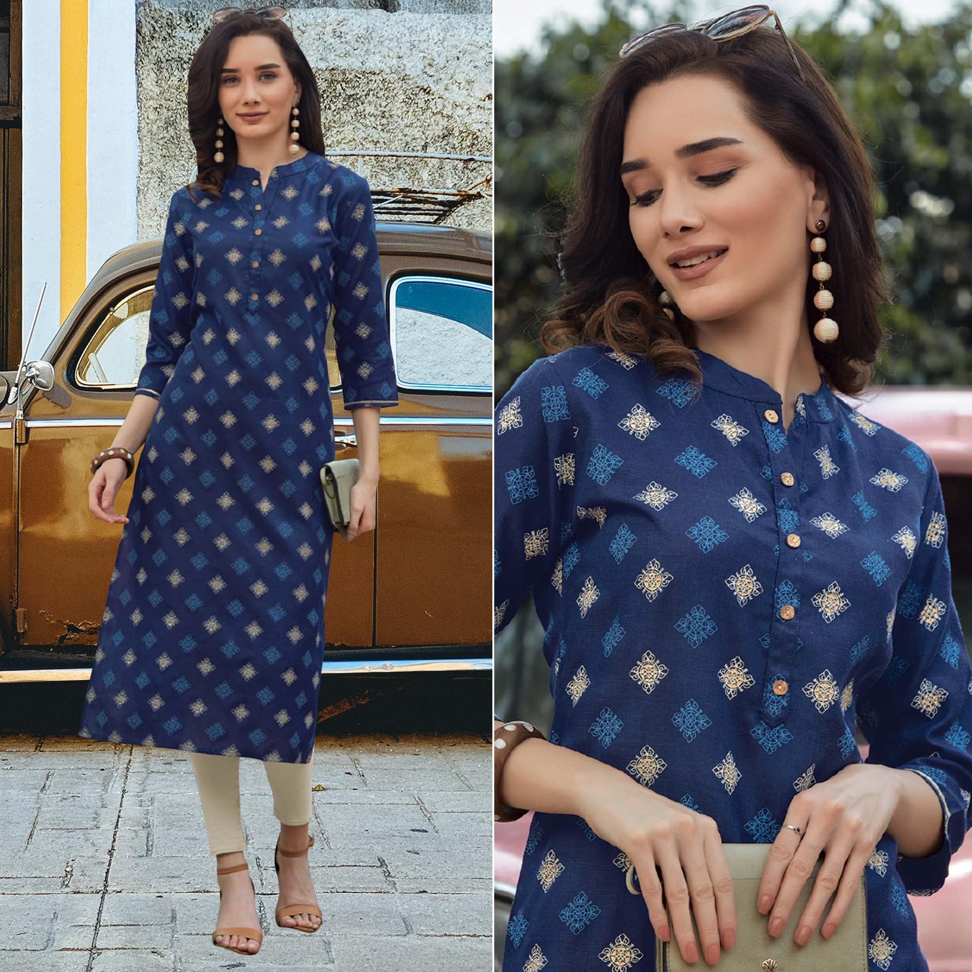 Navy Blue Printed Poly Cotton Kurti - Peachmode