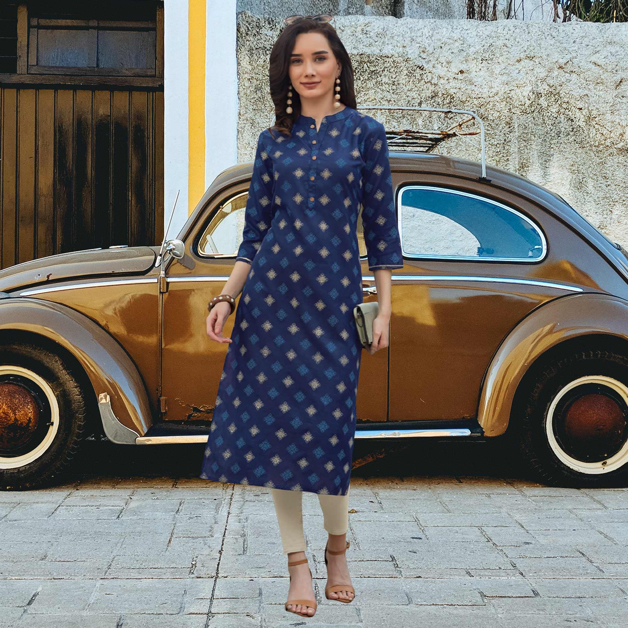 Navy Blue Printed Poly Cotton Kurti - Peachmode