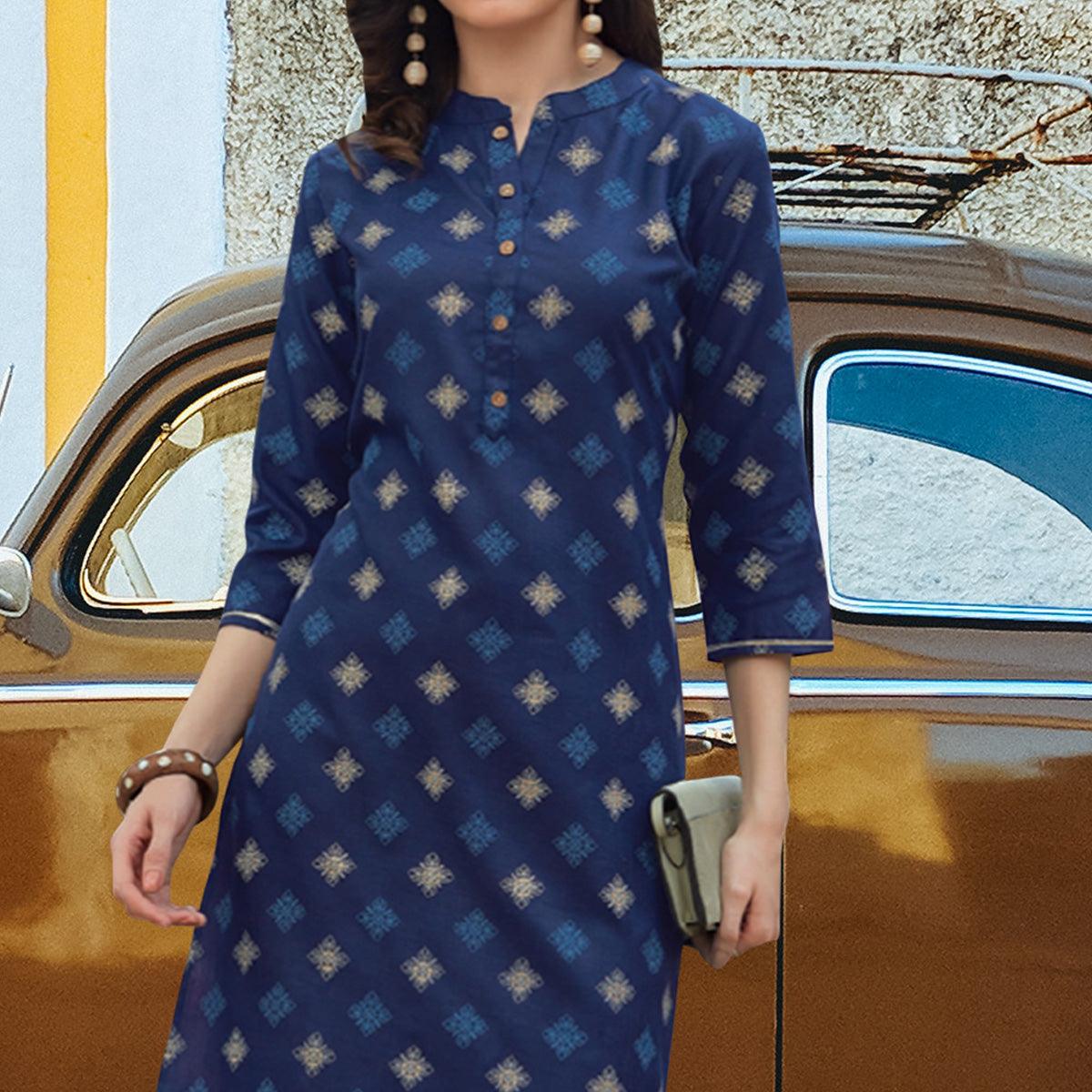 Navy Blue Printed Poly Cotton Kurti - Peachmode