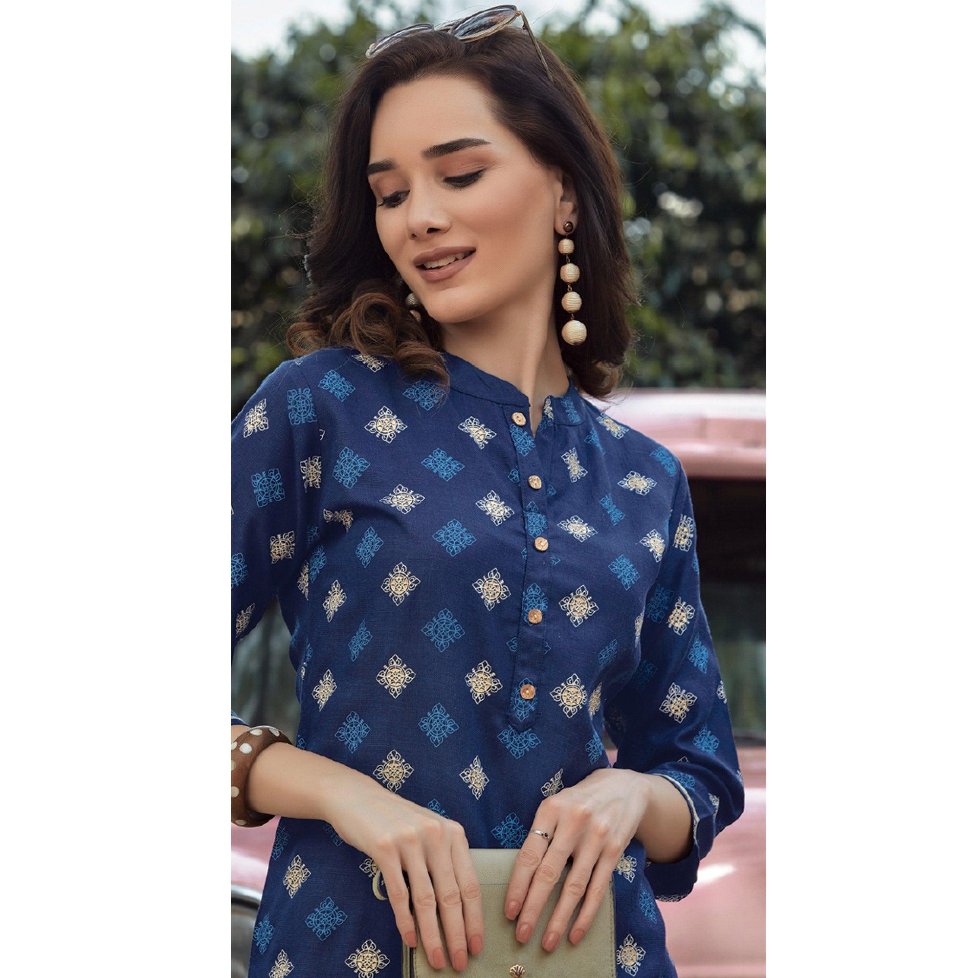 Navy Blue Printed Poly Cotton Kurti - Peachmode