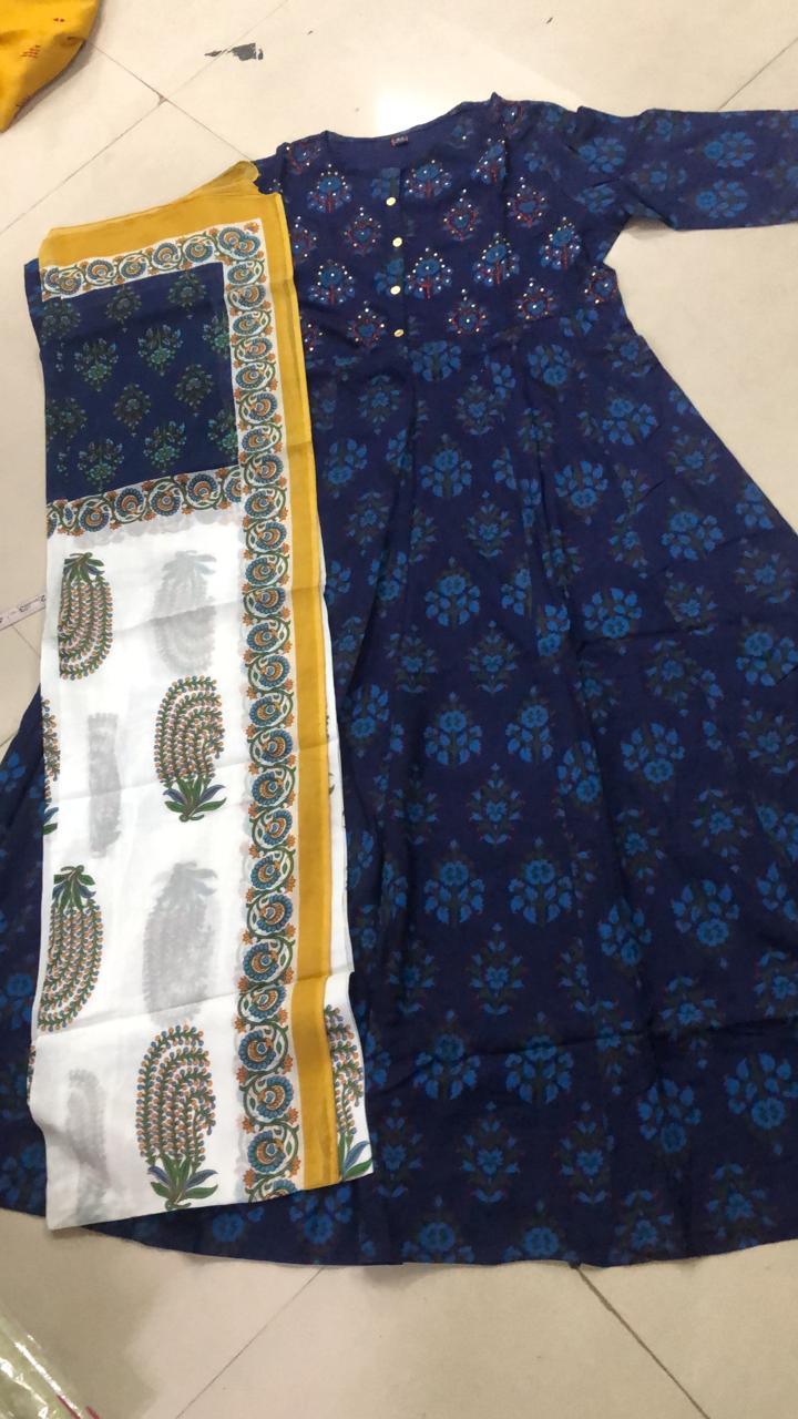 Navy Blue Printed Poly Cotton Kurti With Dupatta - Peachmode