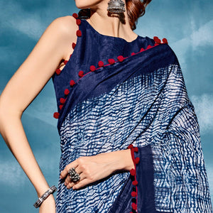 Navy Blue Printed Poly Cotton Saree With Pumpum Lace - Peachmode
