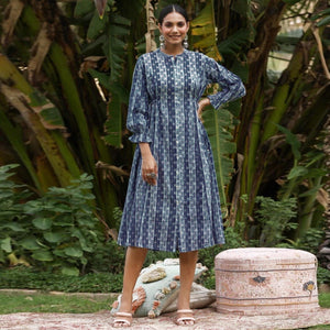 Navy Blue Printed Pure Cotton Dress - Peachmode