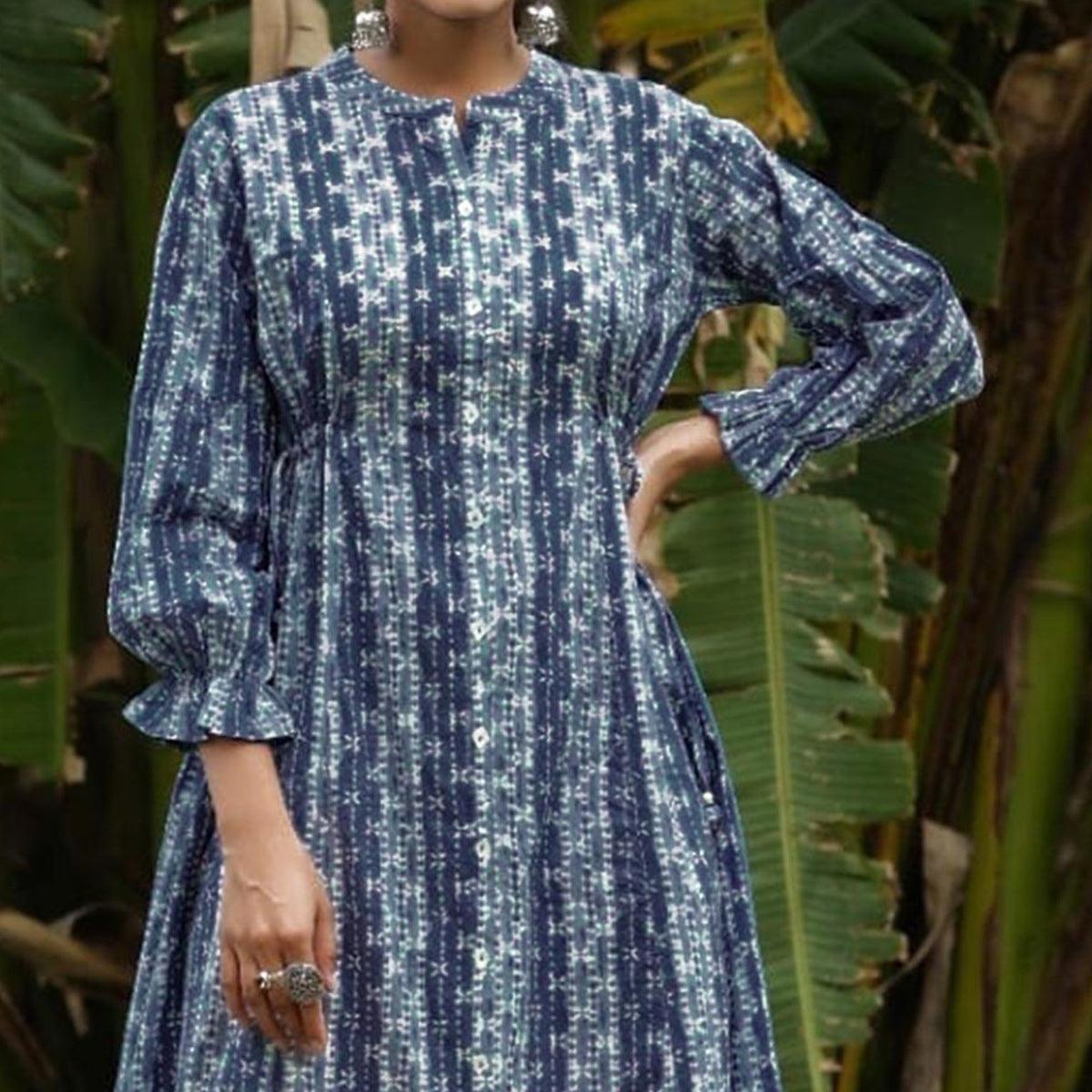 Navy Blue Printed Pure Cotton Dress - Peachmode