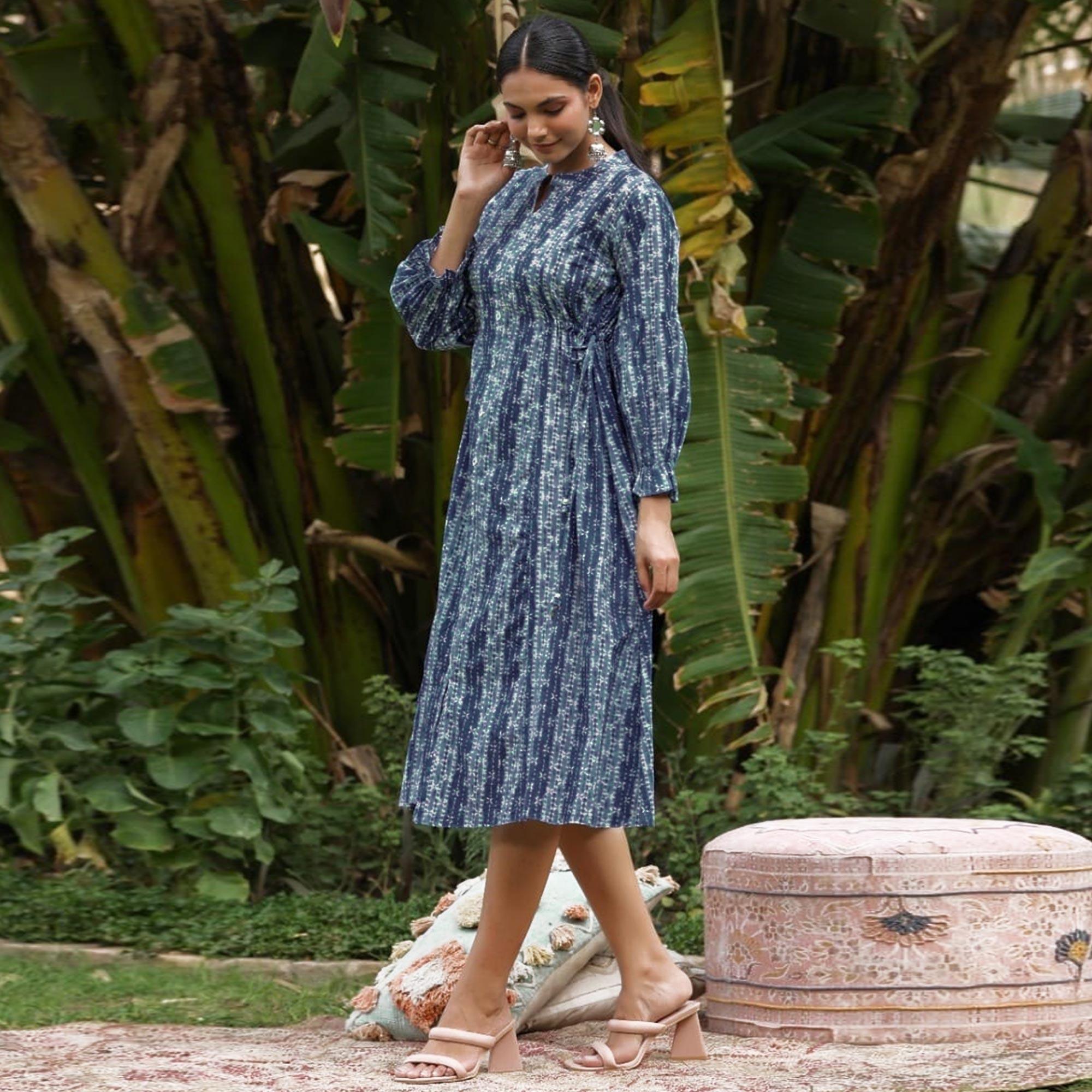 Navy Blue Printed Pure Cotton Dress - Peachmode