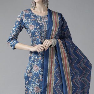 Navy Blue Printed Pure Cotton Kurti Pant Set with Dupatta - Peachmode