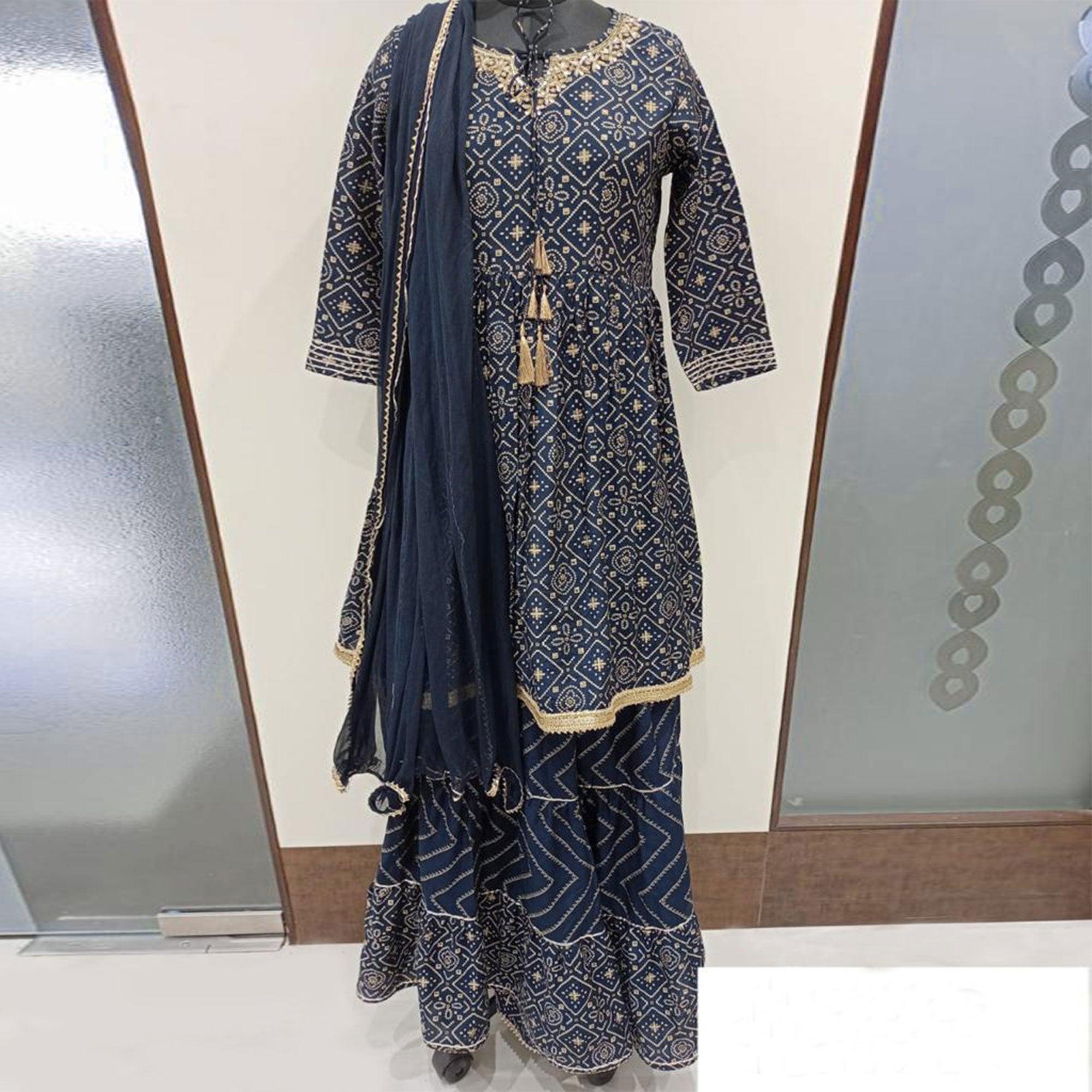 Navy Blue Printed Pure Cotton Sharara Suit - Peachmode