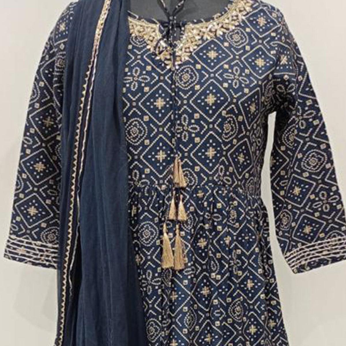 Navy Blue Printed Pure Cotton Sharara Suit - Peachmode