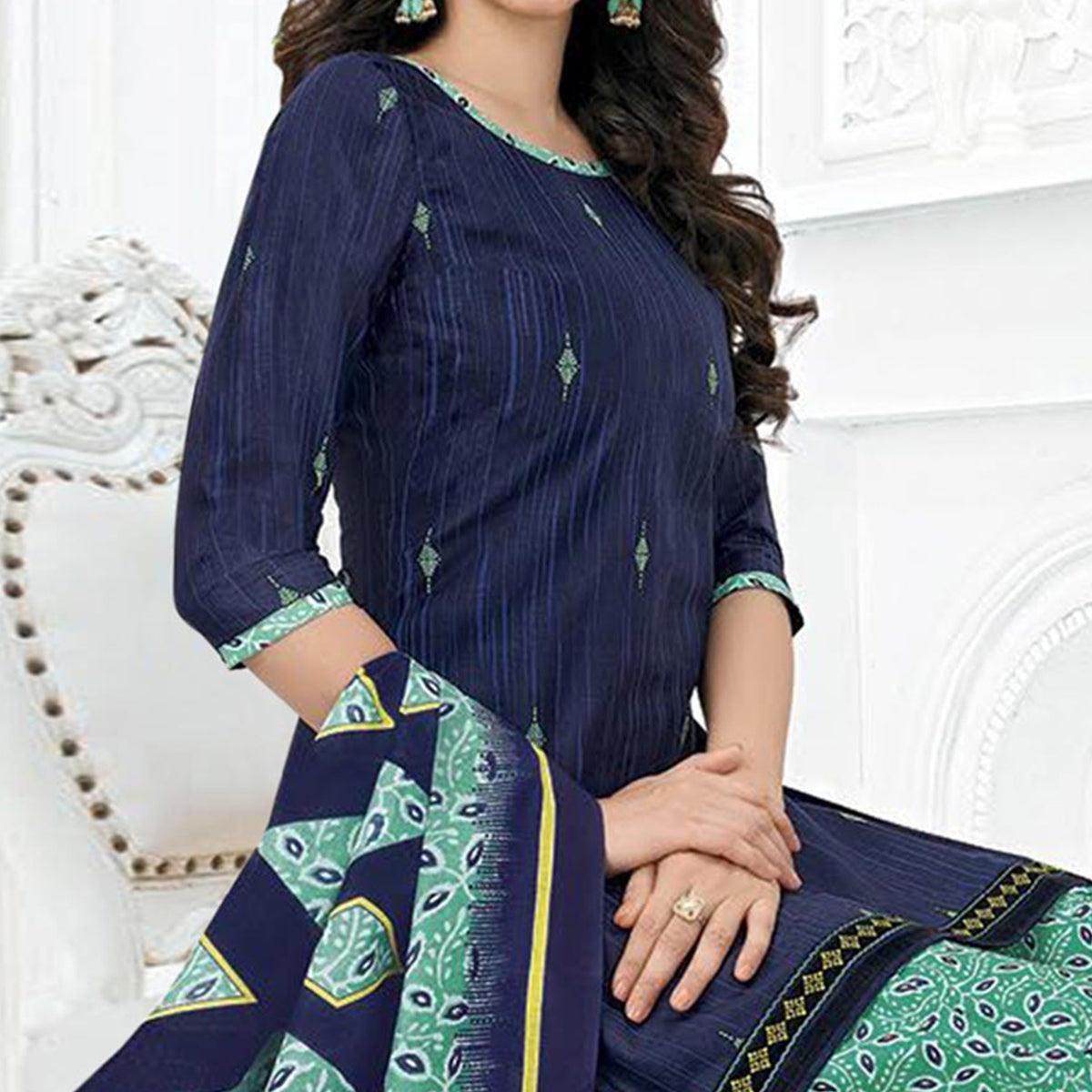 Navy Blue Printed Pure Cotton Stitched Patiala Suit - Peachmode