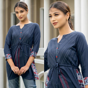 Navy Blue Printed Pure Cotton Top - Peachmode