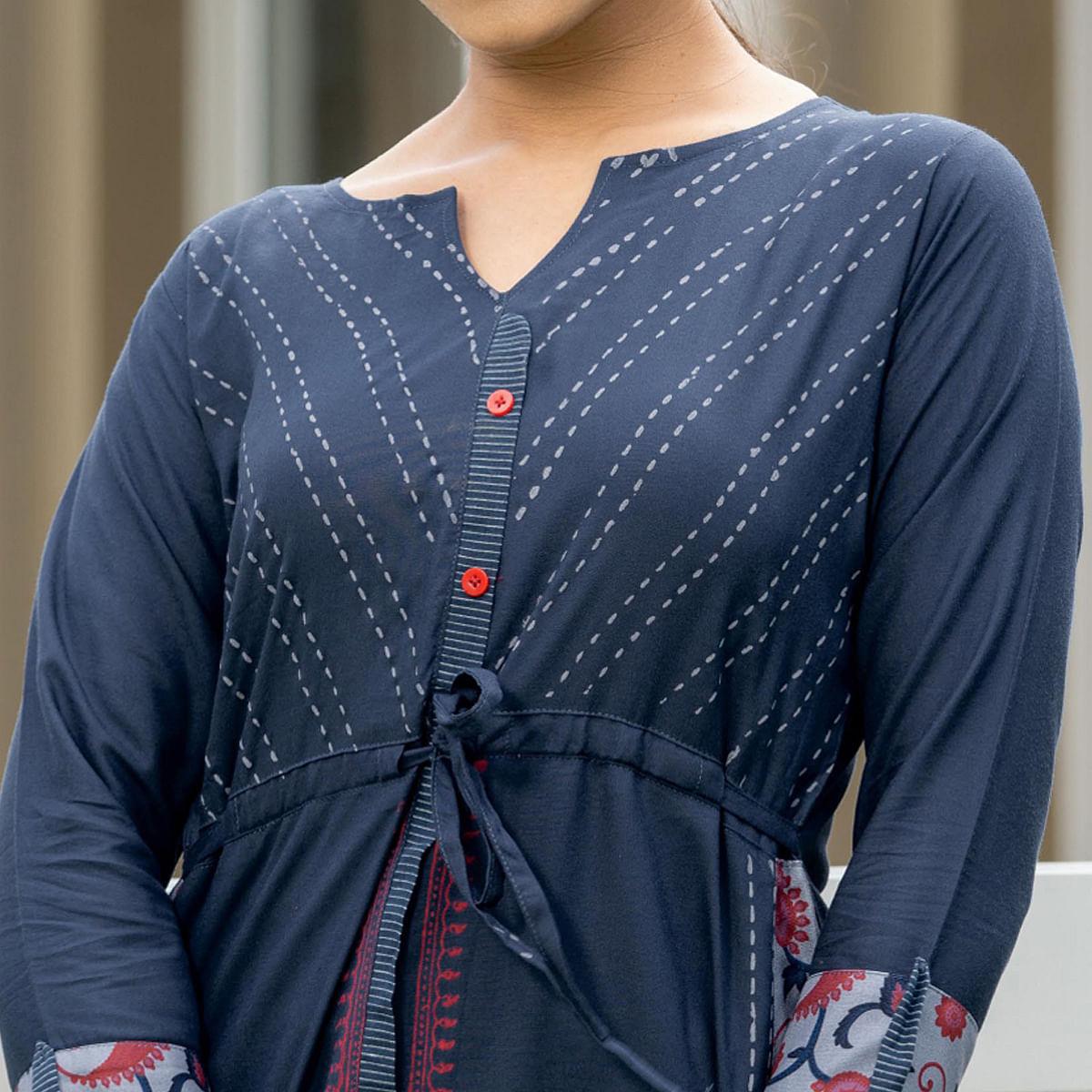 Navy Blue Printed Pure Cotton Top - Peachmode