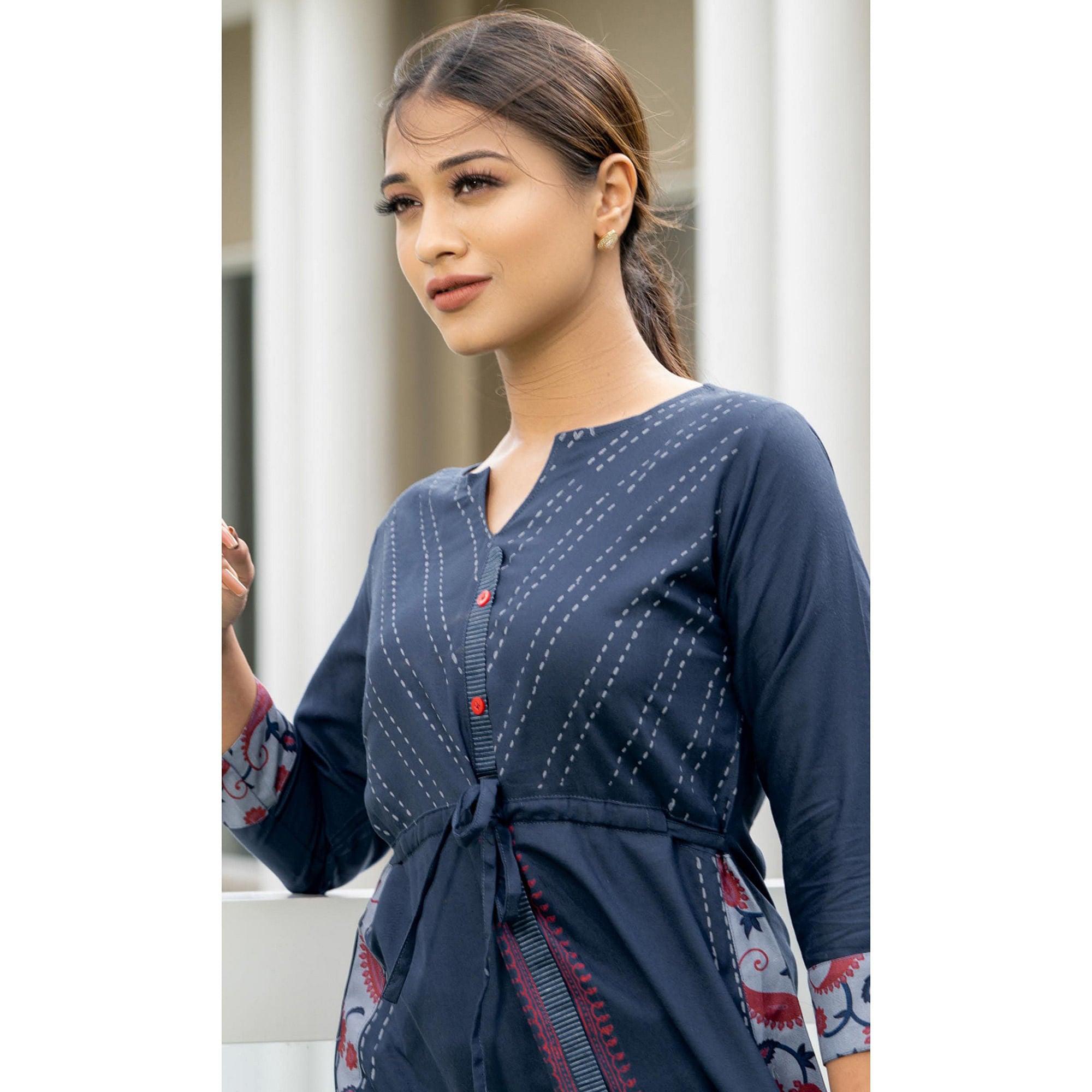 Navy Blue Printed Pure Cotton Top - Peachmode