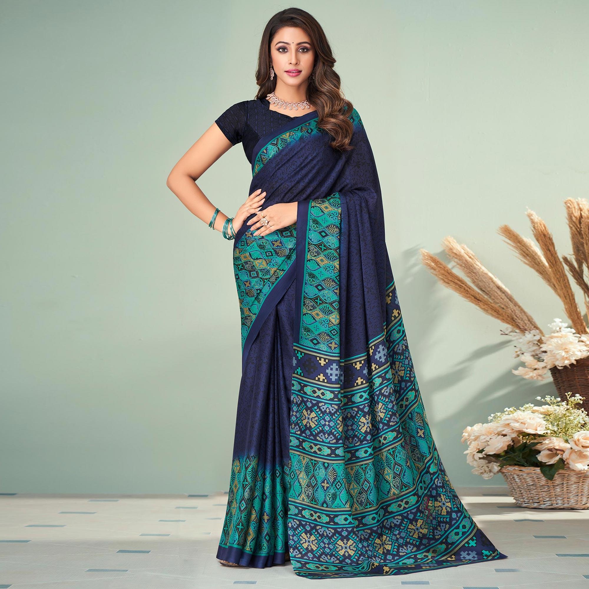 Navy Blue Printed Raw Silk Saree - Peachmode
