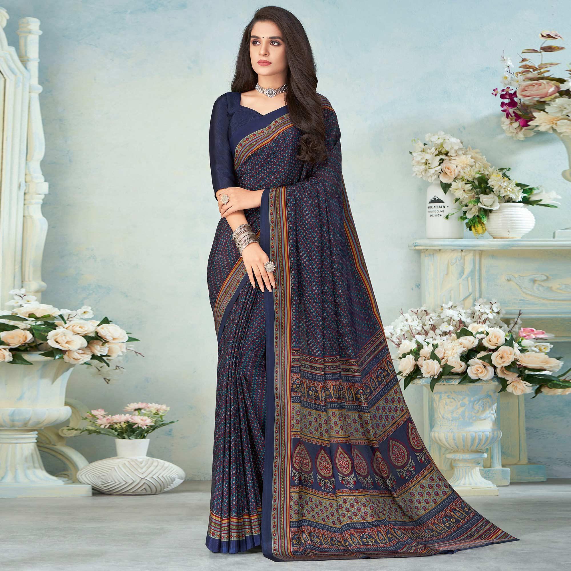 Navy Blue Printed Raw Silk Saree - Peachmode