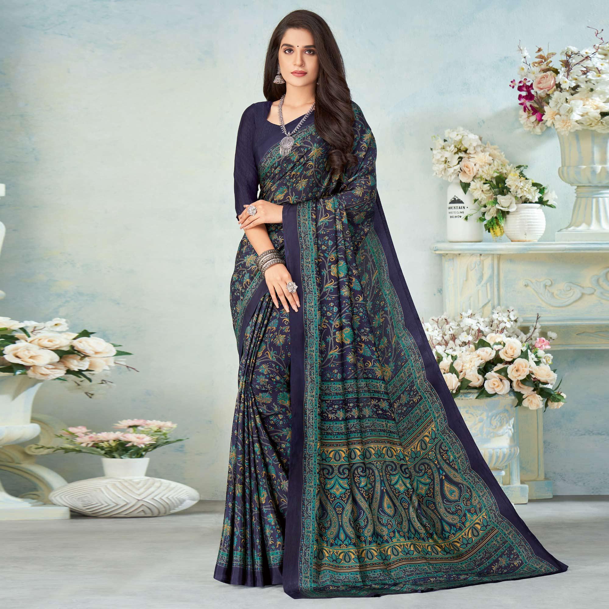 Navy Blue Printed Raw Silk Saree - Peachmode