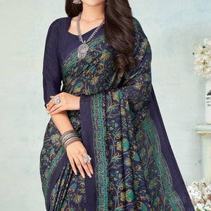 Navy Blue Printed Raw Silk Saree - Peachmode