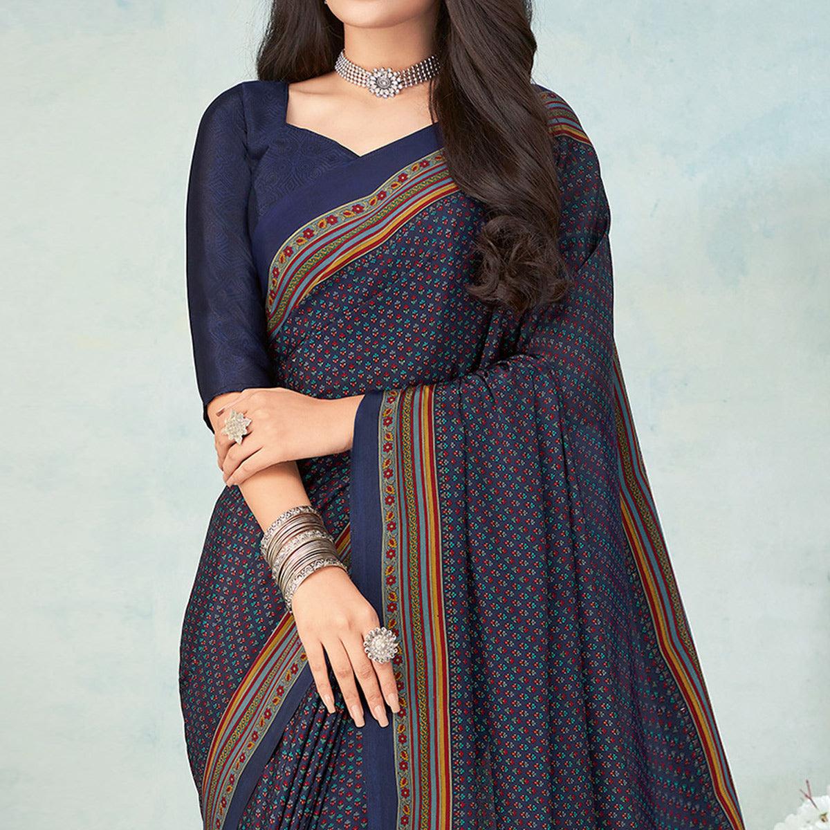 Navy Blue Printed Raw Silk Saree - Peachmode