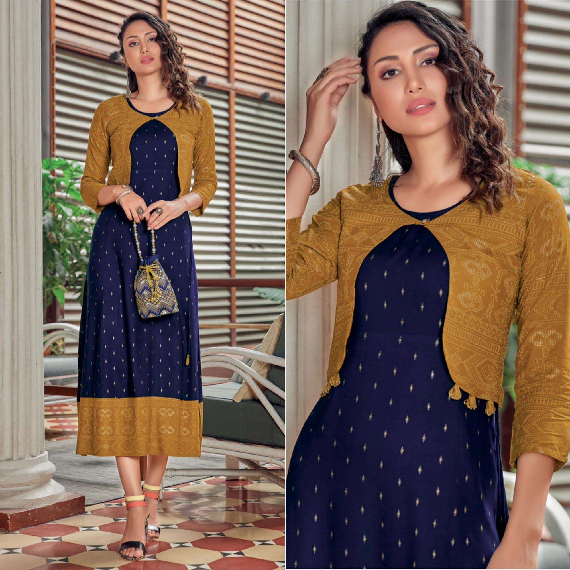 Navy Blue Printed Rayon Anarkali Kurti - Peachmode