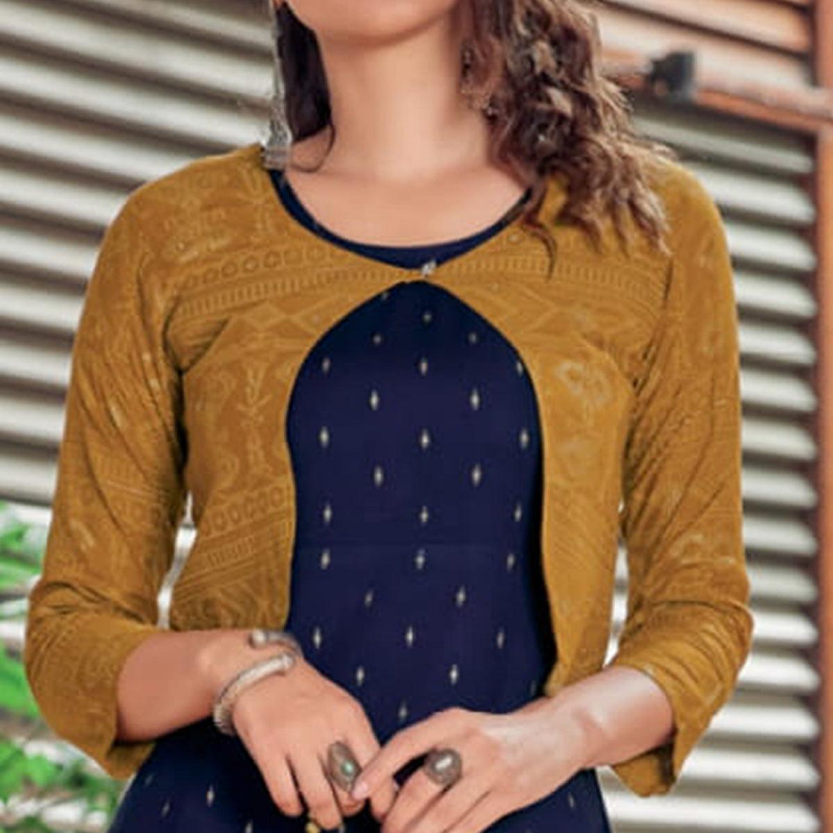 Navy Blue Printed Rayon Anarkali Kurti - Peachmode