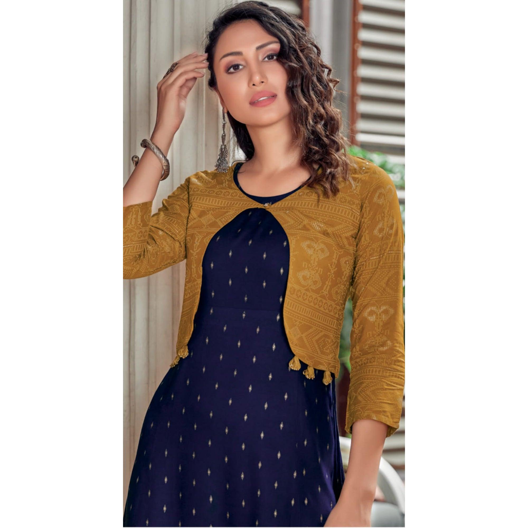 Navy Blue Printed Rayon Anarkali Kurti - Peachmode