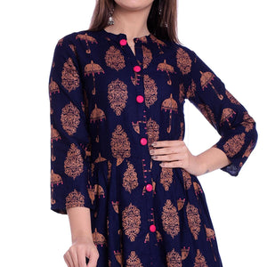 Navy Blue Printed Rayon Kurti - Peachmode
