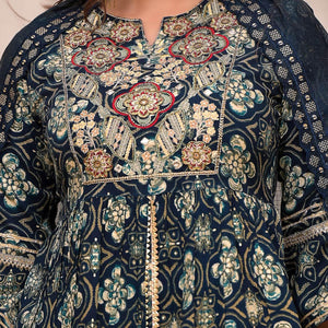 Navy Blue Printed Rayon Sharara Suit - Peachmode