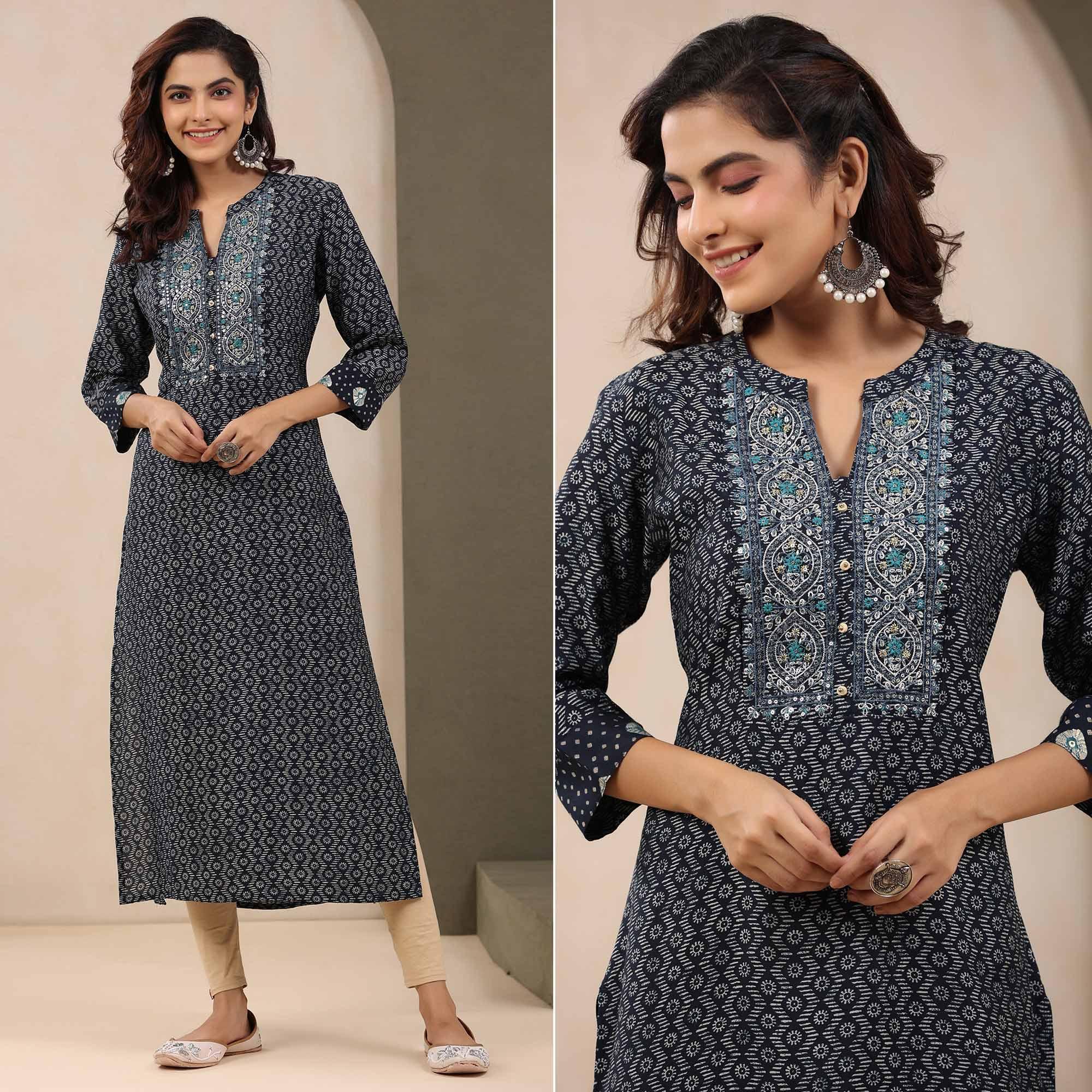 Navy Blue Printed With Embroidered Chanderi Kurti - Peachmode
