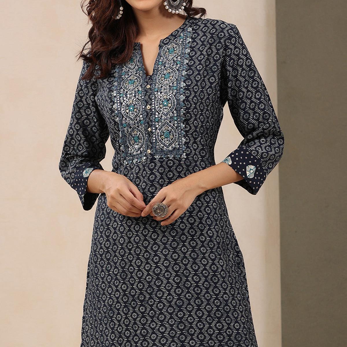 Navy Blue Printed With Embroidered Chanderi Kurti - Peachmode