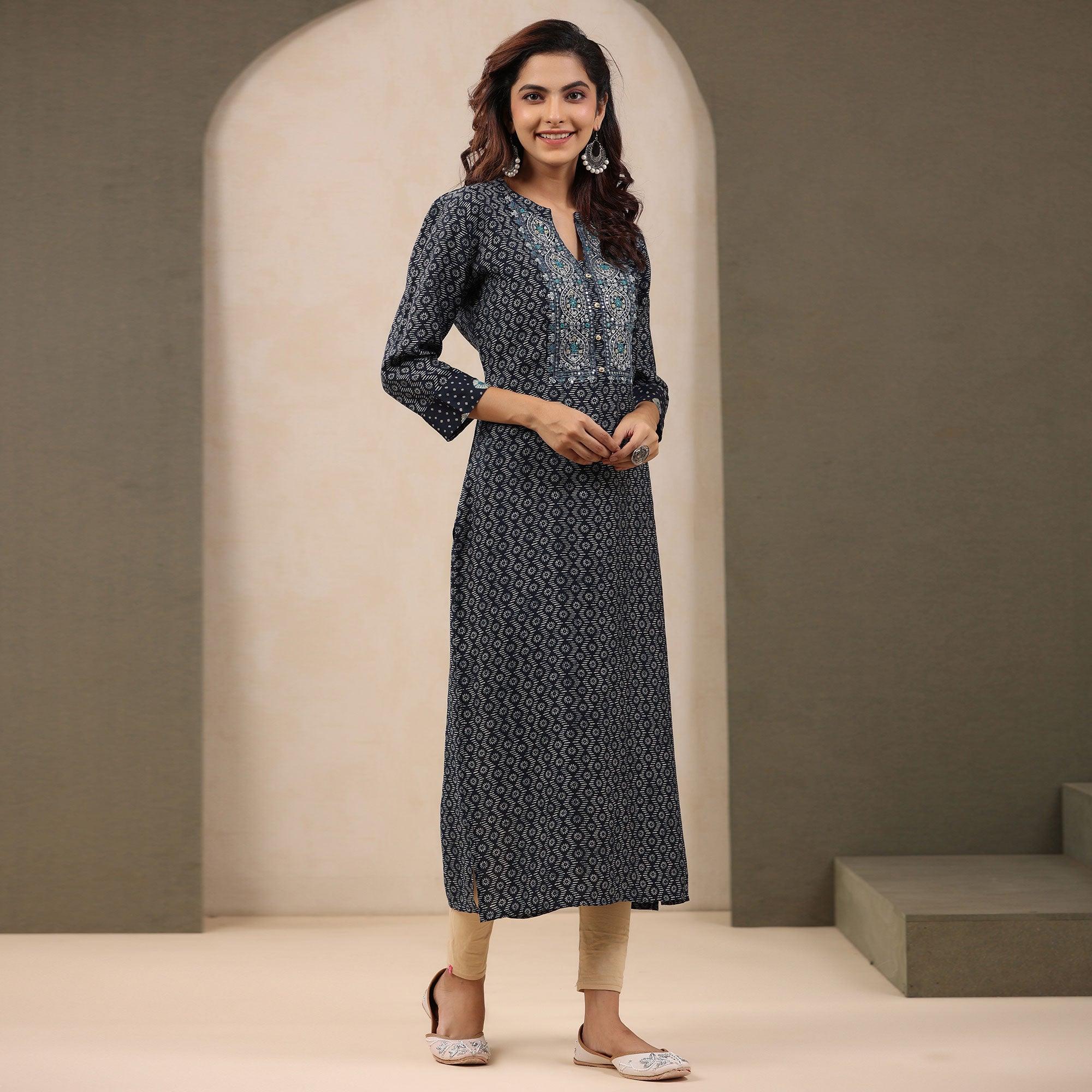 Navy Blue Printed With Embroidered Chanderi Kurti - Peachmode