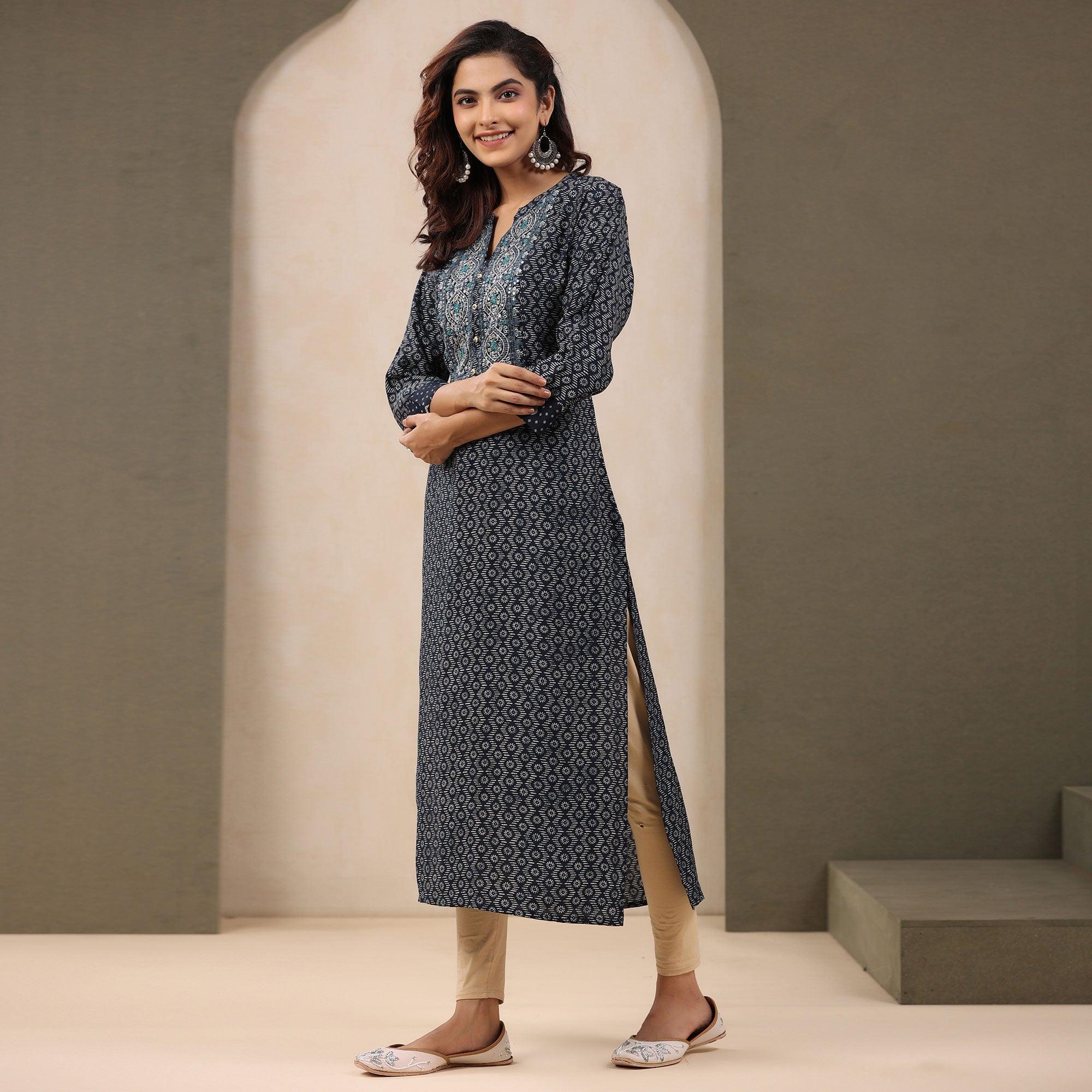 Navy Blue Printed With Embroidered Chanderi Kurti - Peachmode