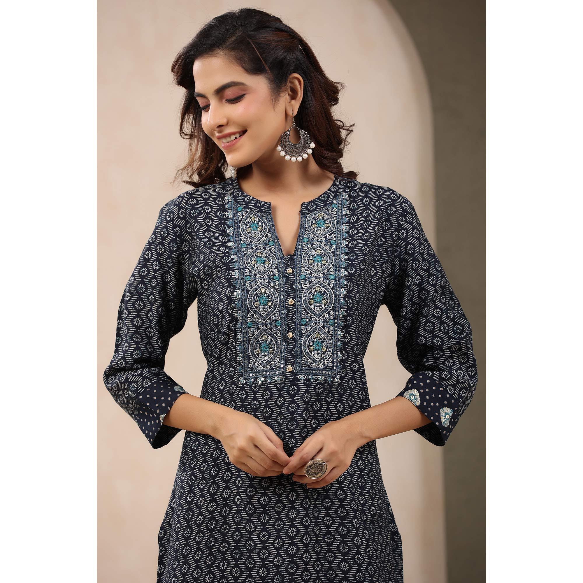Navy Blue Printed With Embroidered Chanderi Kurti - Peachmode