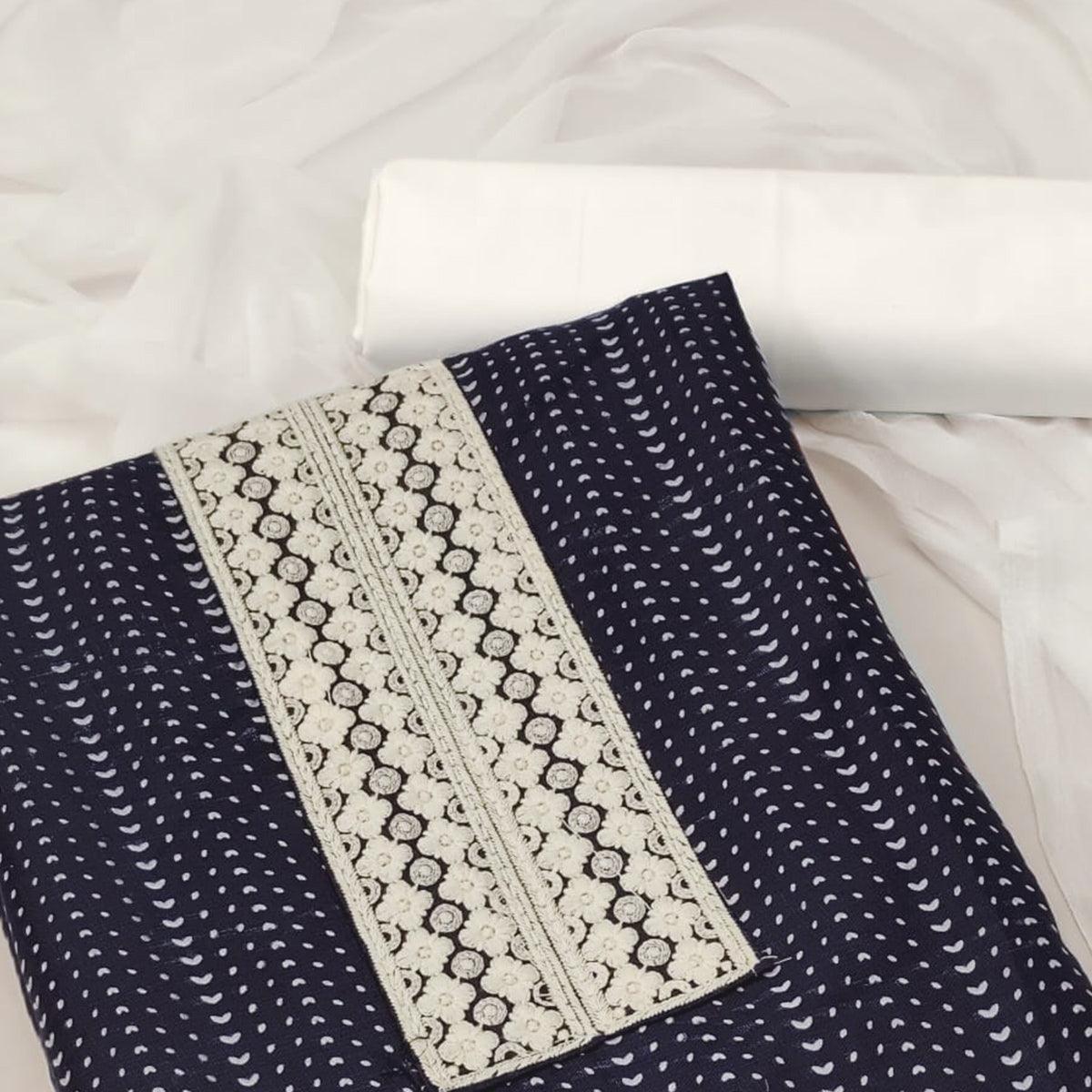 Navy Blue Printed With Embroidered Cotton Blend Dress Material - Peachmode