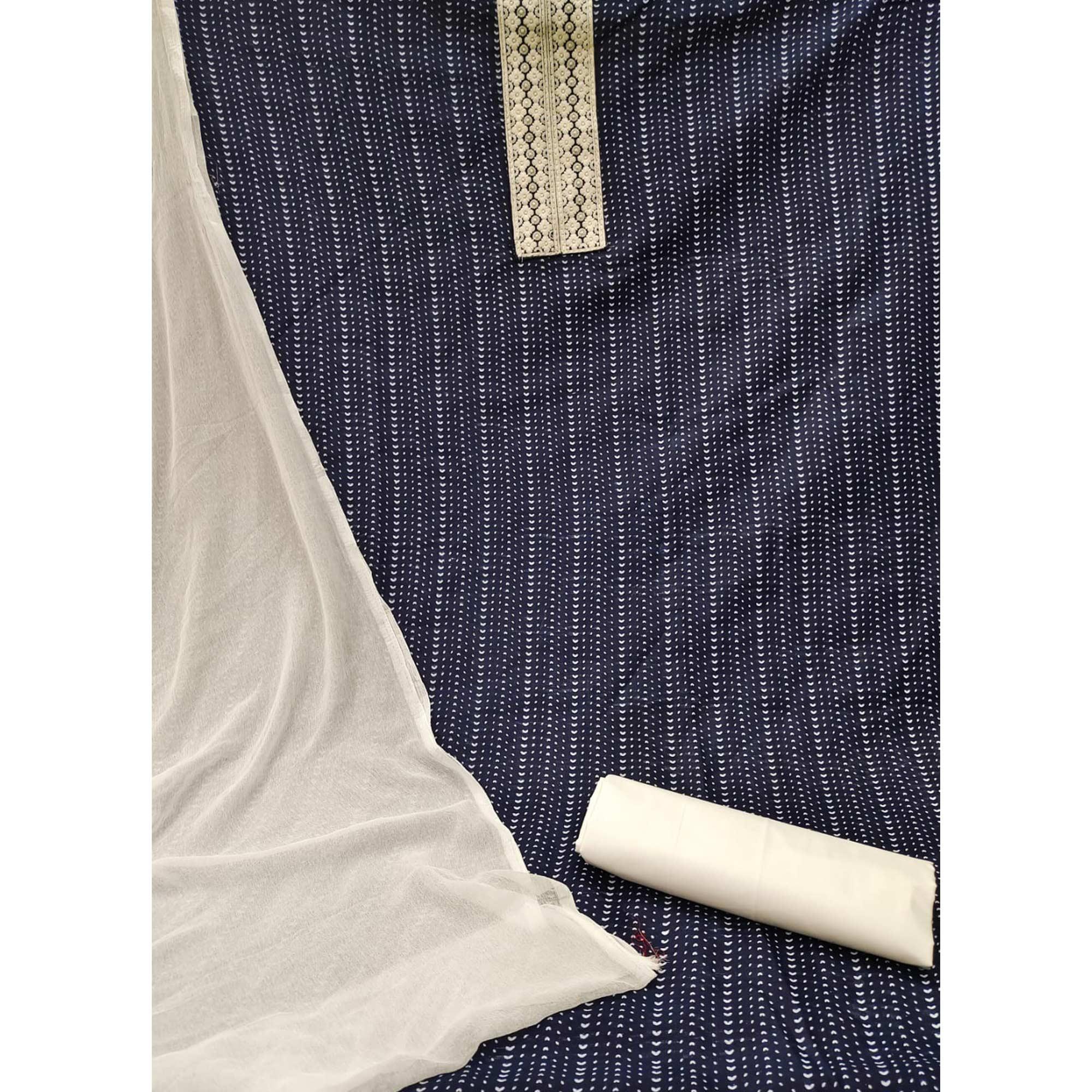 Navy Blue Printed With Embroidered Cotton Blend Dress Material - Peachmode