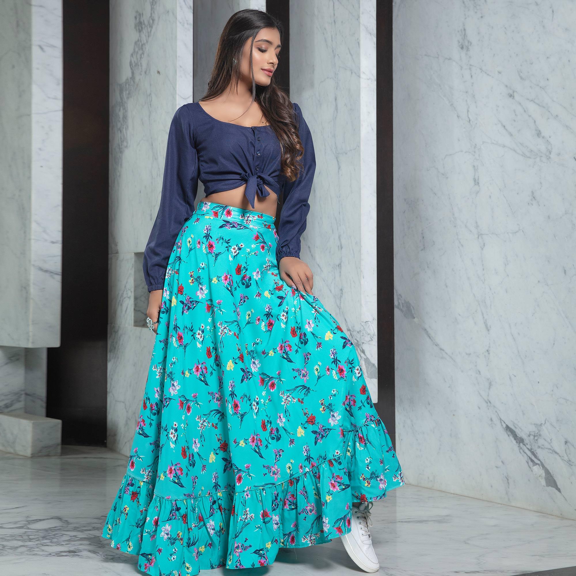 Navy Blue - Rama Sky Casual Wear Printed Cotton Top-Skirt Set - Peachmode