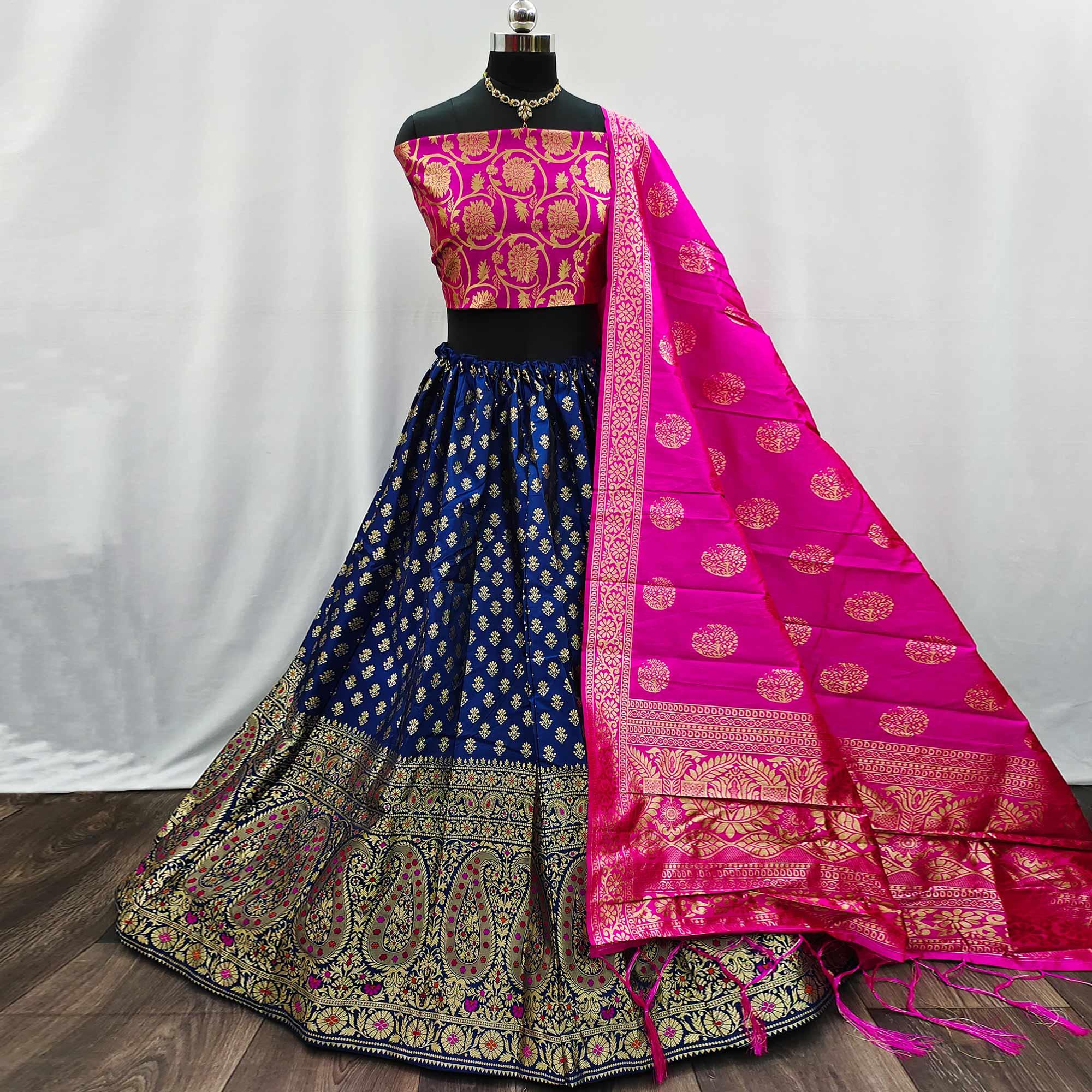Navy Blue - Rani Festive Wear Woven Jacquard Lehenga Choli - Peachmode