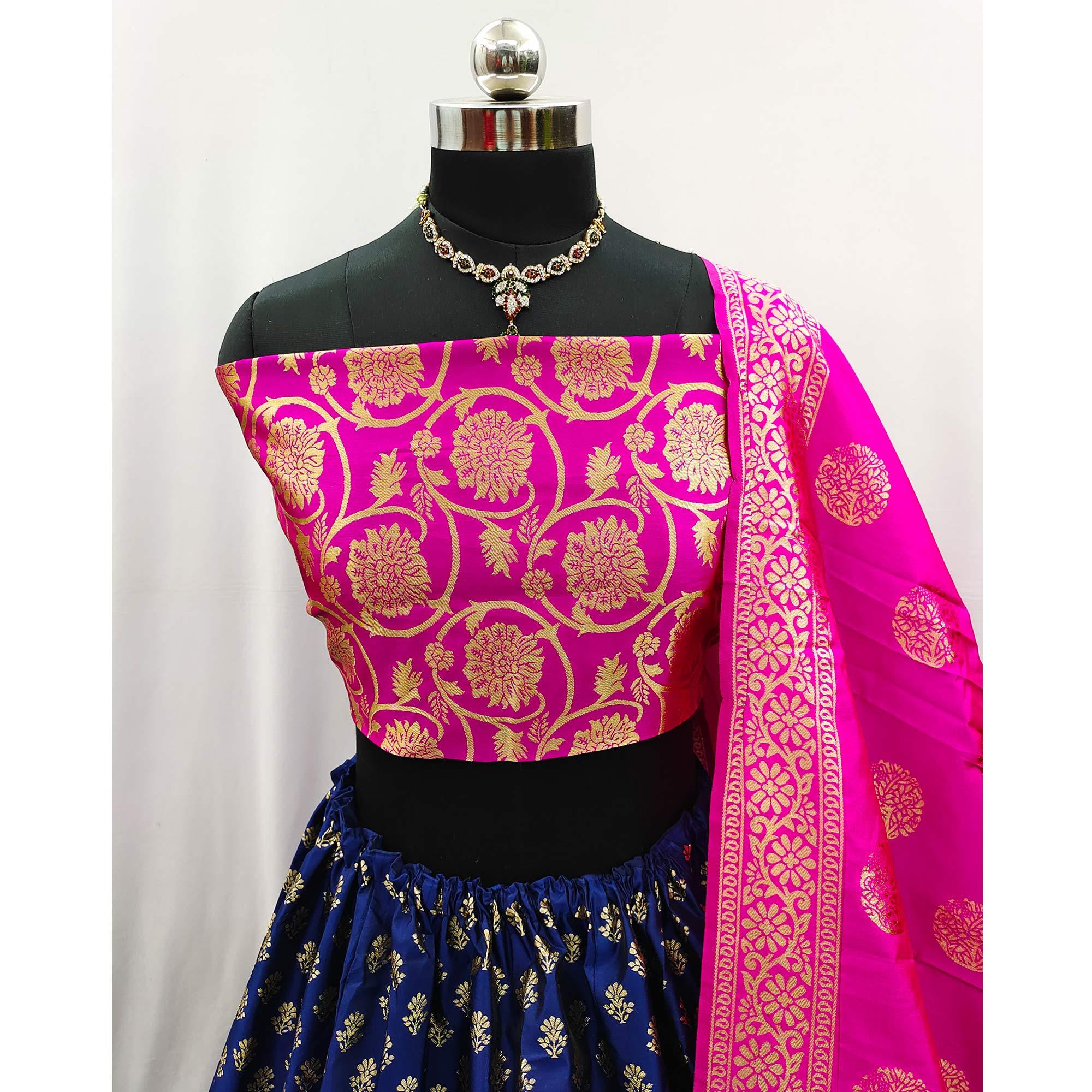 Navy Blue - Rani Festive Wear Woven Jacquard Lehenga Choli - Peachmode