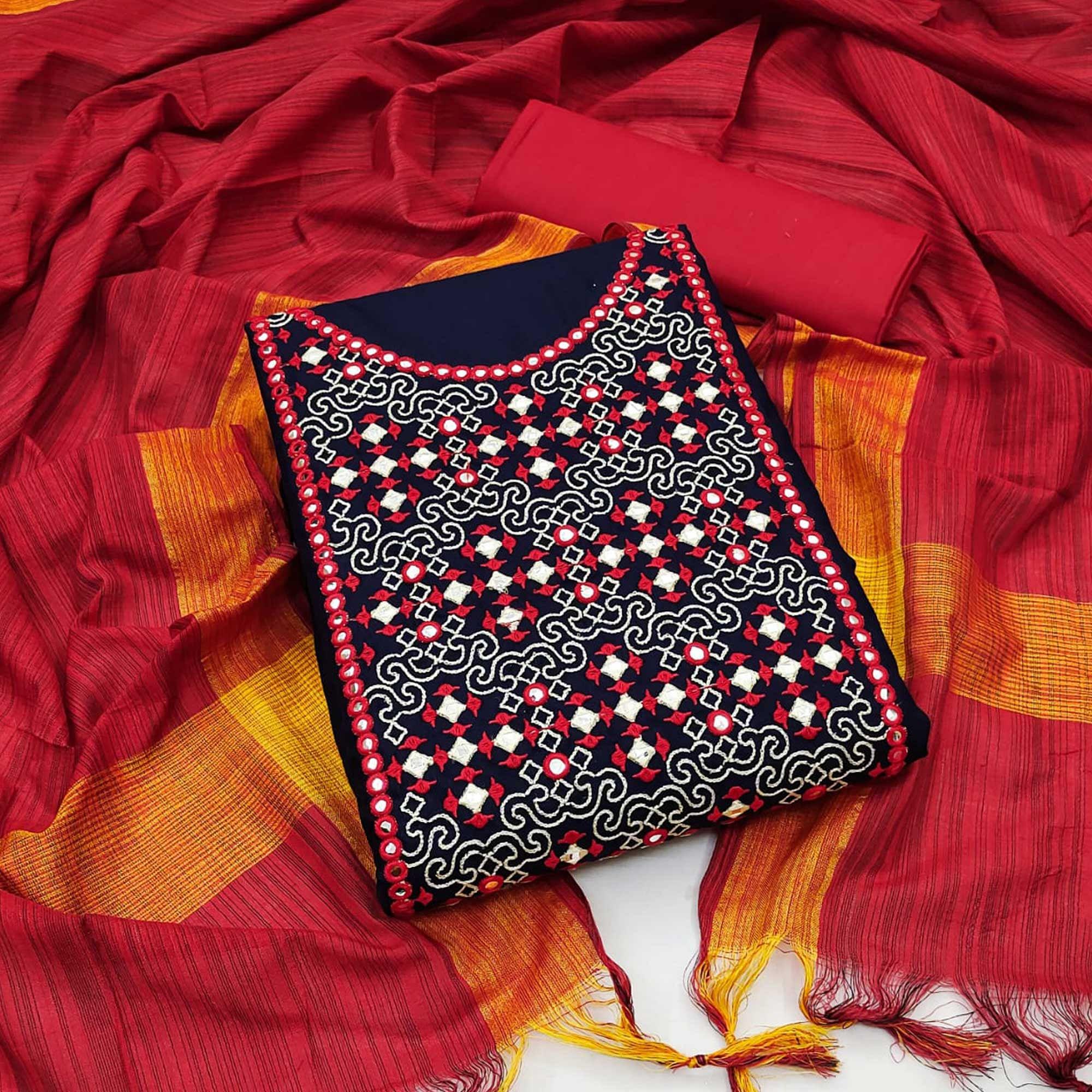Navy Blue-Red Embroidered Pure Cotton Dress Material - Peachmode