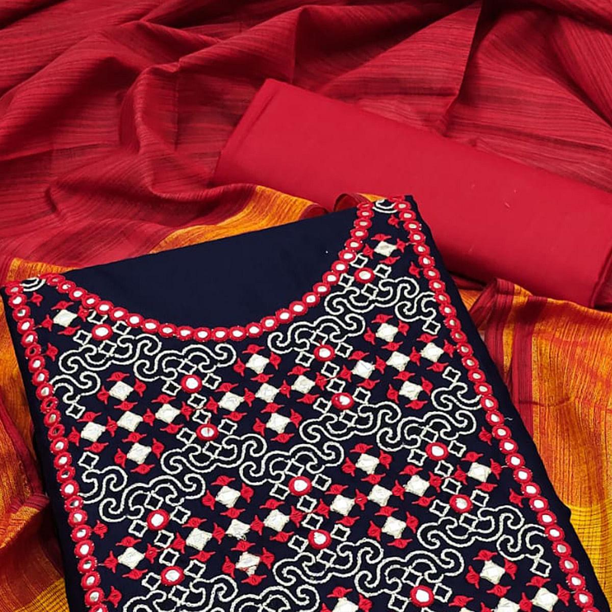 Navy Blue-Red Embroidered Pure Cotton Dress Material - Peachmode