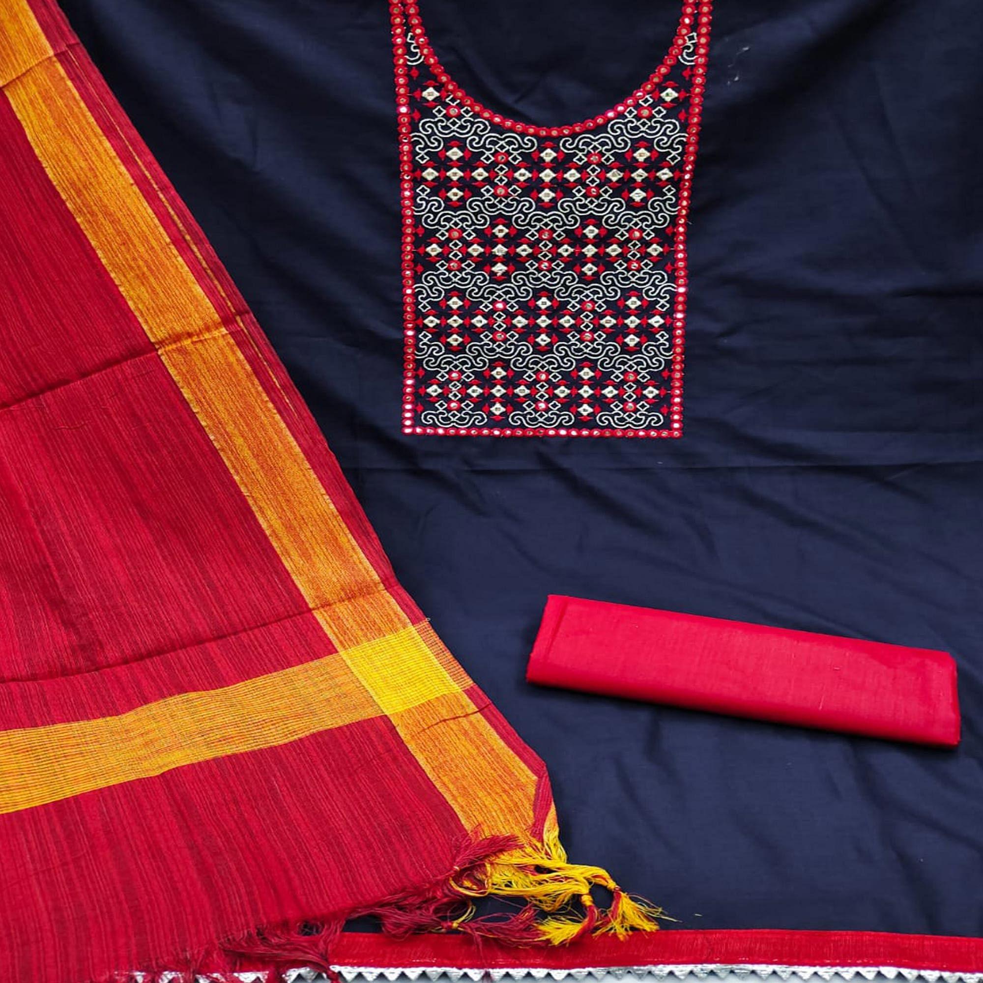 Navy Blue-Red Embroidered Pure Cotton Dress Material - Peachmode