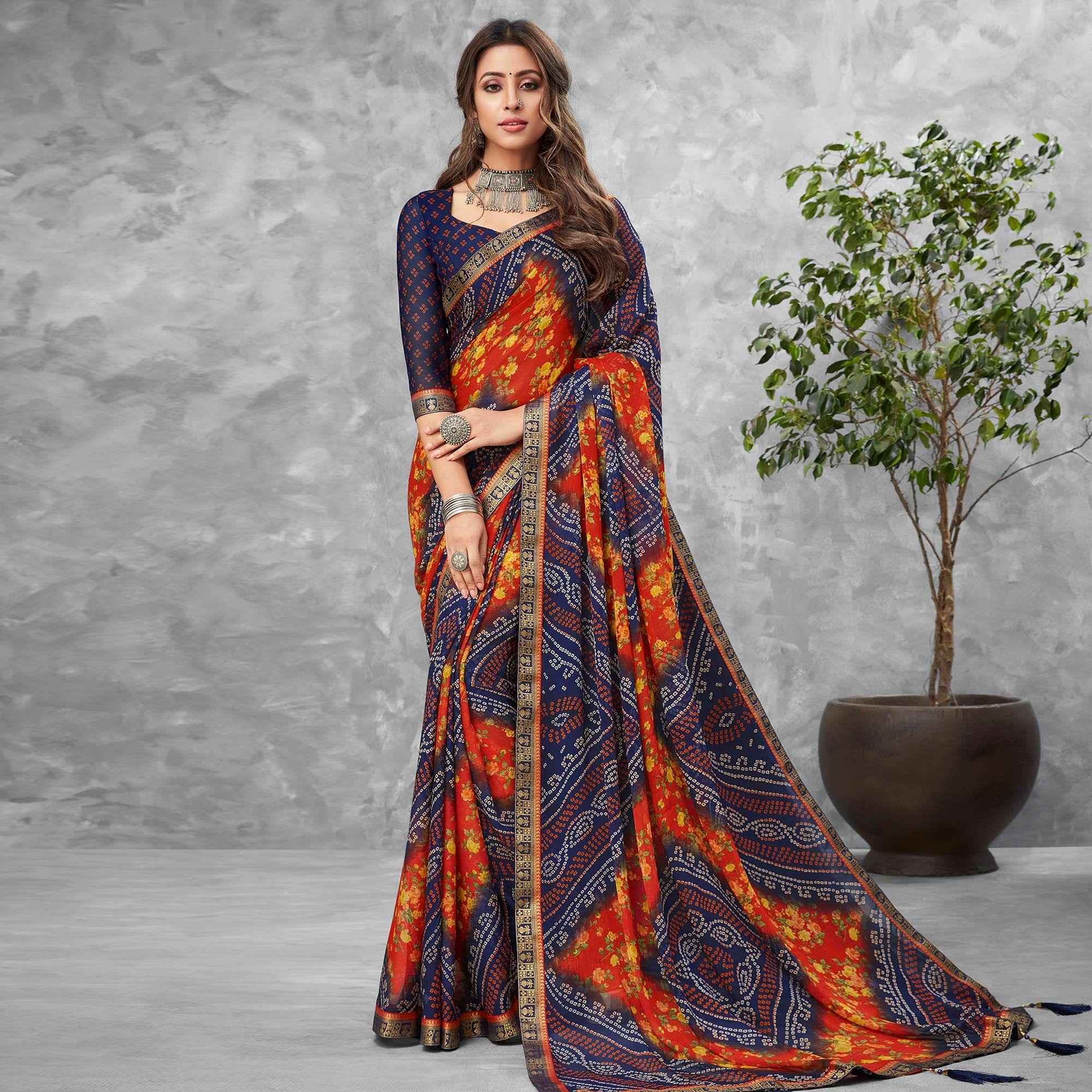 Navy Blue-Red Festive Wear Floral Bandhani Printed Chiffon Saree - Peachmode