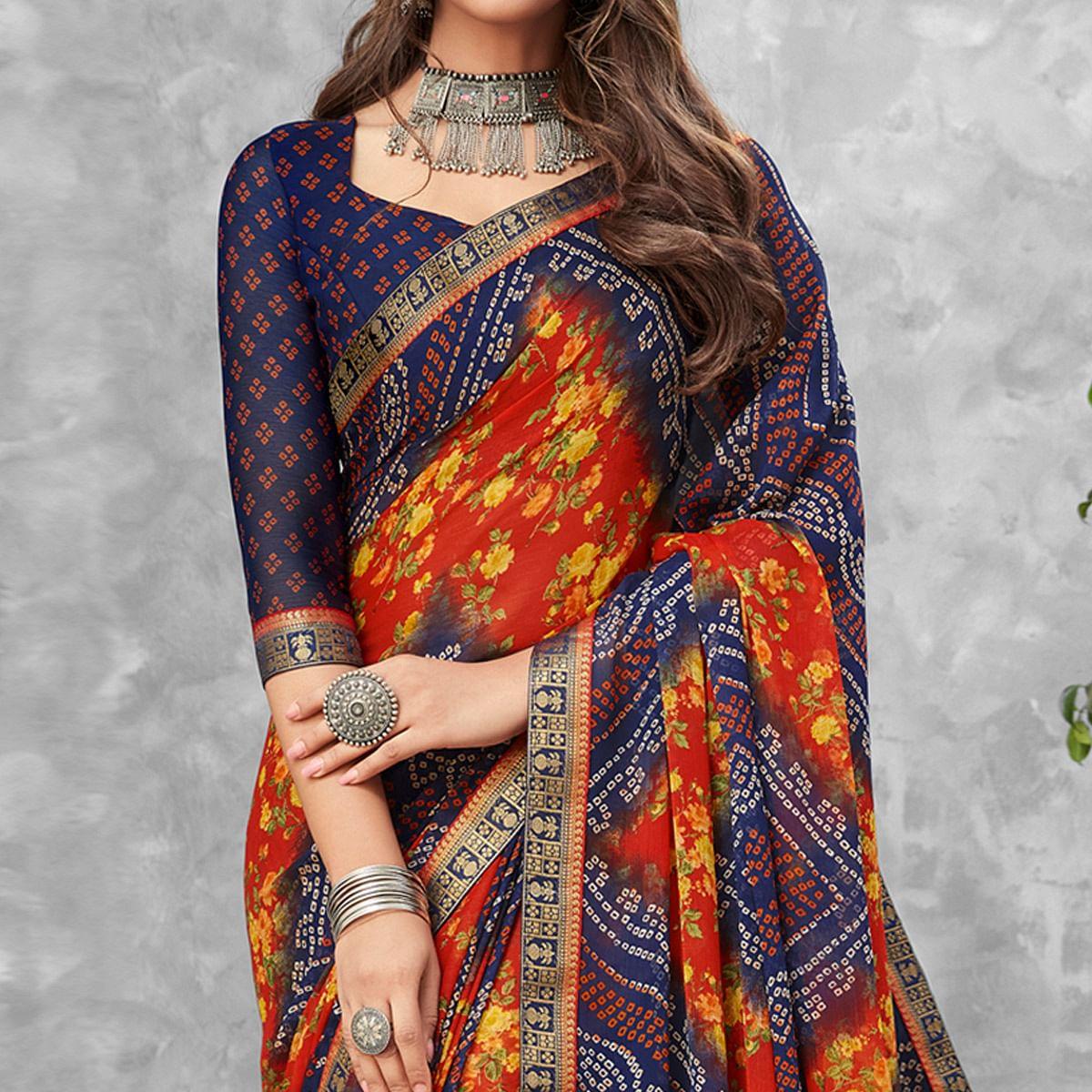 Navy Blue-Red Festive Wear Floral Bandhani Printed Chiffon Saree - Peachmode