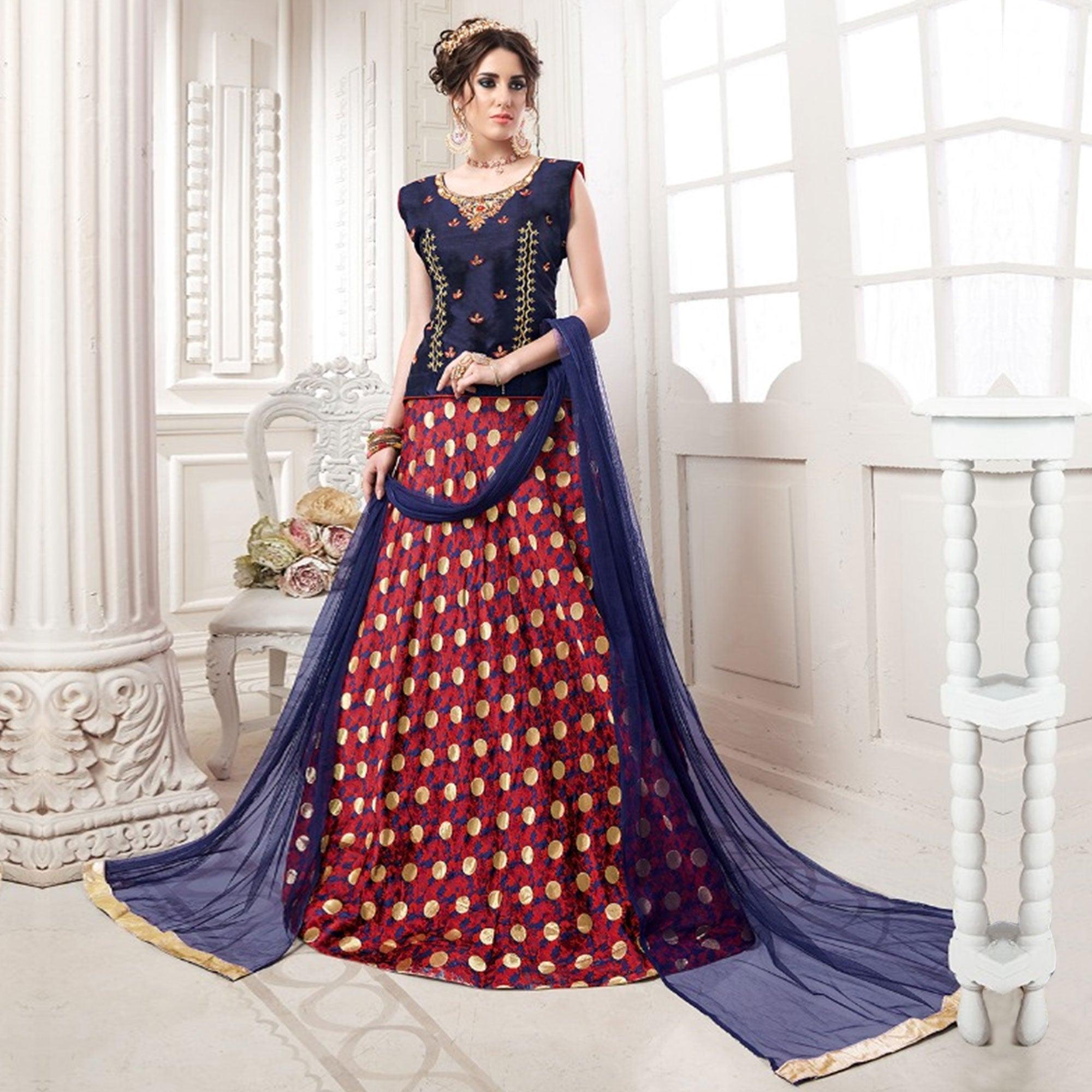 Navy Blue-Red Woven Jacquard Lehenga Choli - Peachmode