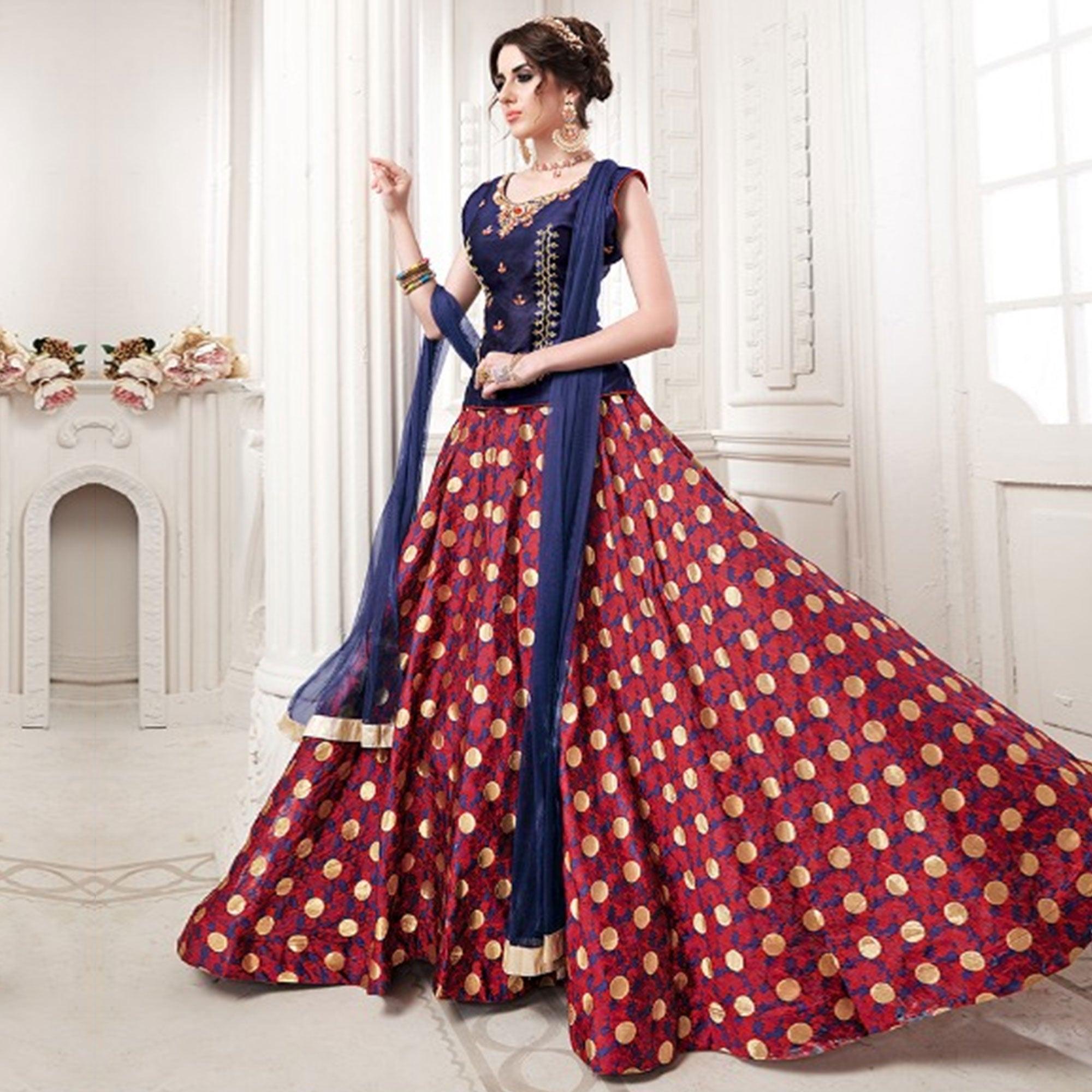 Navy Blue-Red Woven Jacquard Lehenga Choli - Peachmode