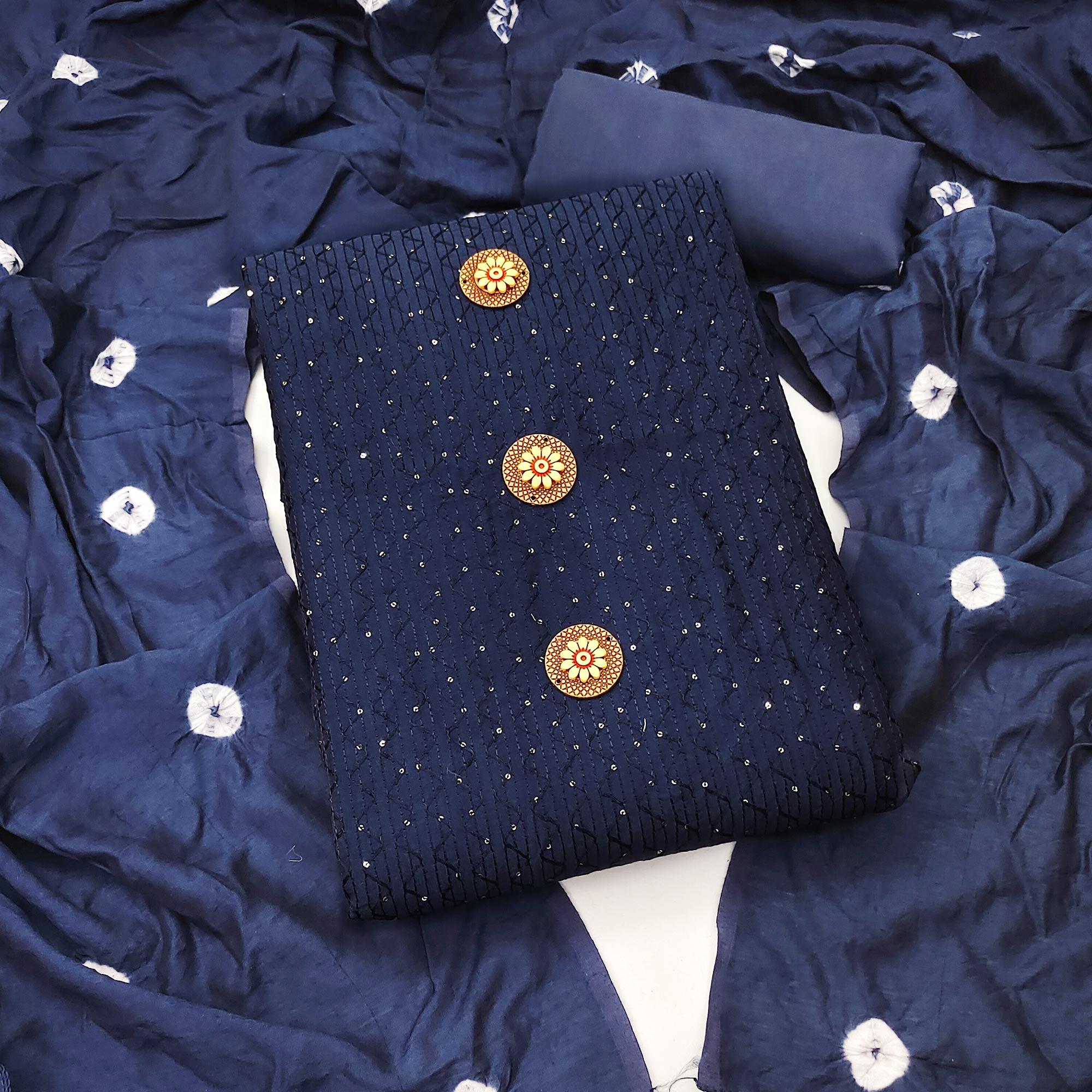Navy Blue Sequence Embroidered Chanderi Dress Material - Peachmode